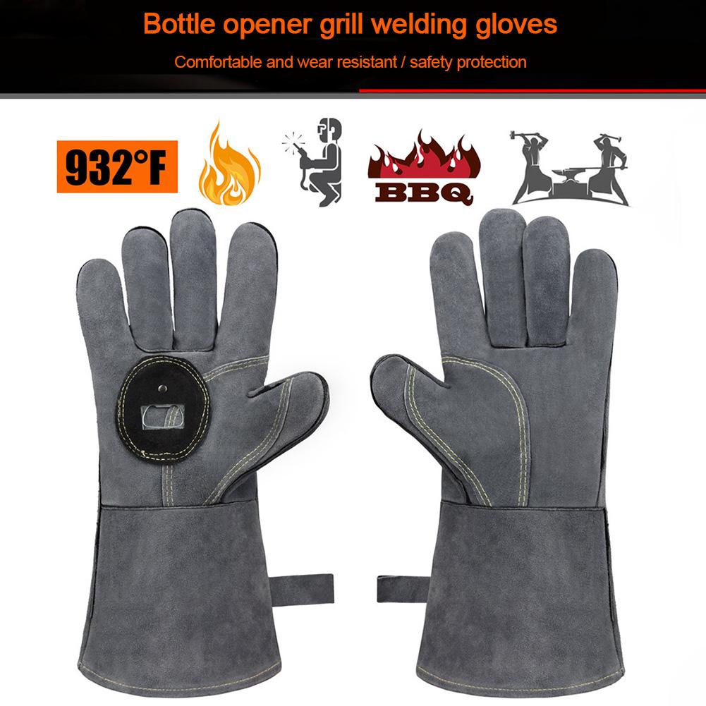 Gants de four pour Barbecue, en cuir forgé, pour soudage, résistant à la chaleur, avec ouvre-bouteille, pour cuisson au Barbecue