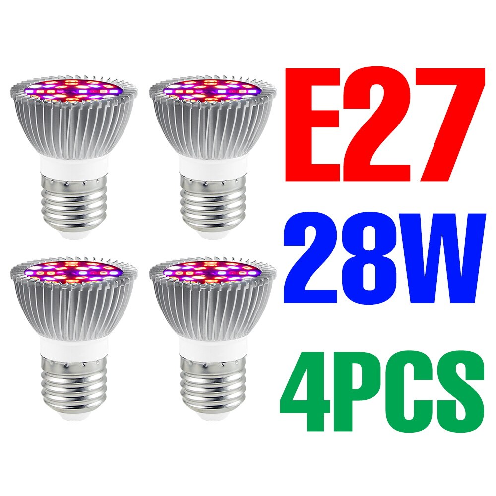 Espectro completo e27 planta led crescer lâmpada e14 220v lâmpadas fito estufa iluminação 18w 28 30 50 80 100 phyto sementes de flores lâmpadas: E27 28W 4PCS
