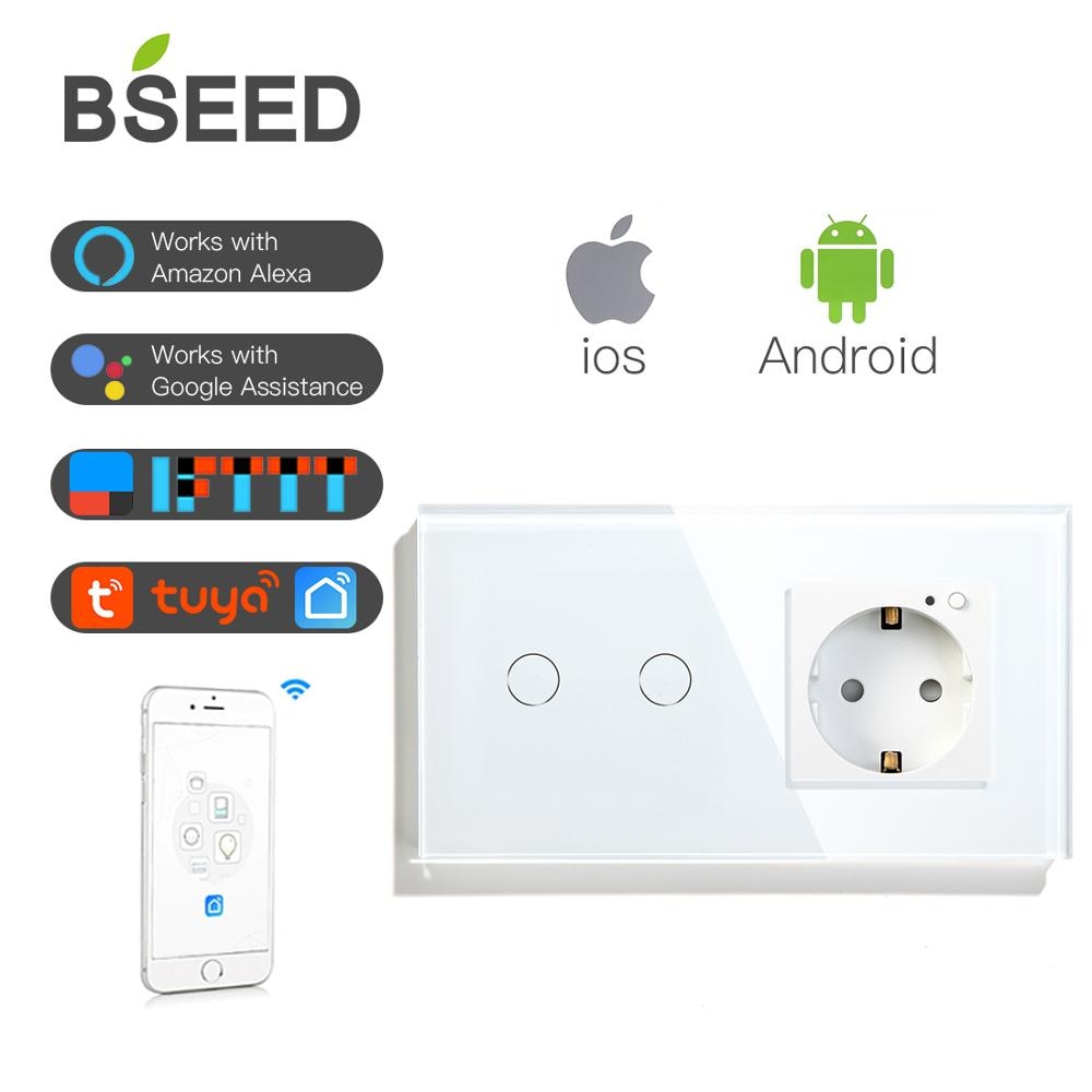 Bseed smart wifi touch switch 2 gang 1 vej med eu stik 3 farver krystal glas panel arbejde med smart life tuya app