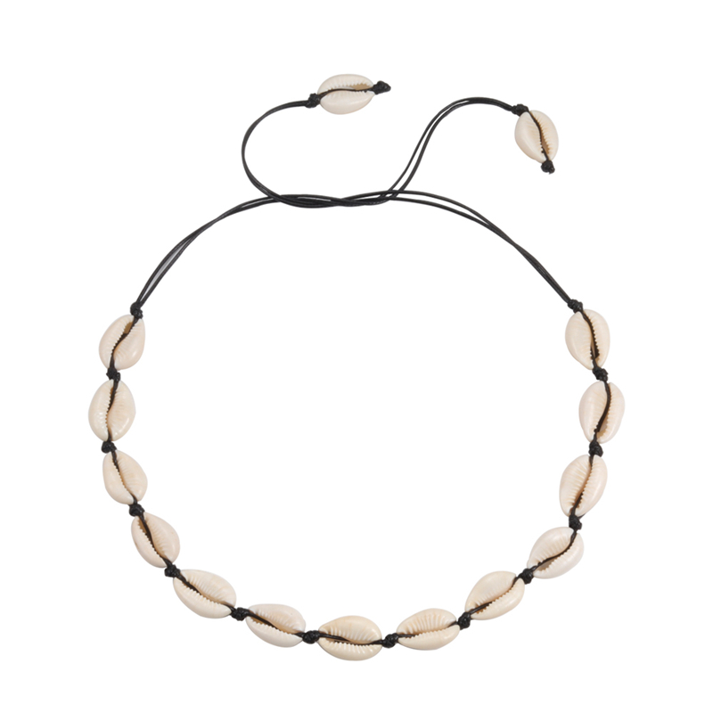 Collar de conchas marinas para mujer, Gargantilla de conchas marinas naturales, pulseras de conchas de verano, cadena de cuerda hecha a mano, joyería: Necklace Black