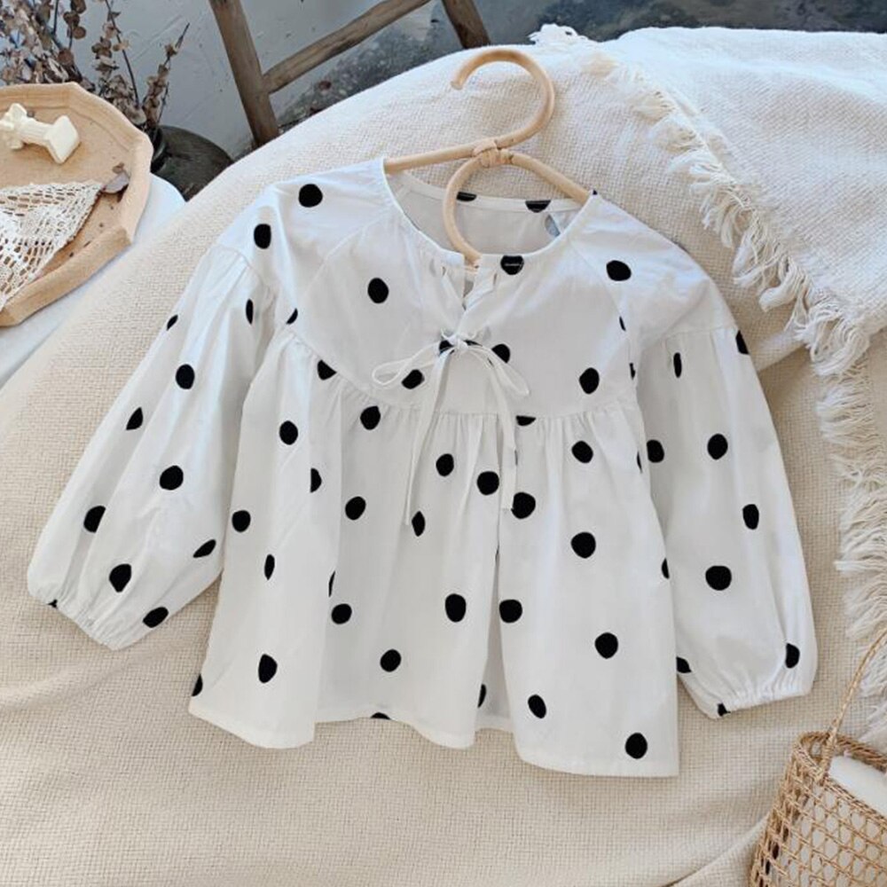 Tops y blusas de manga abombada de lunares para niñas, ropa coreana para niños pequeños, primavera
