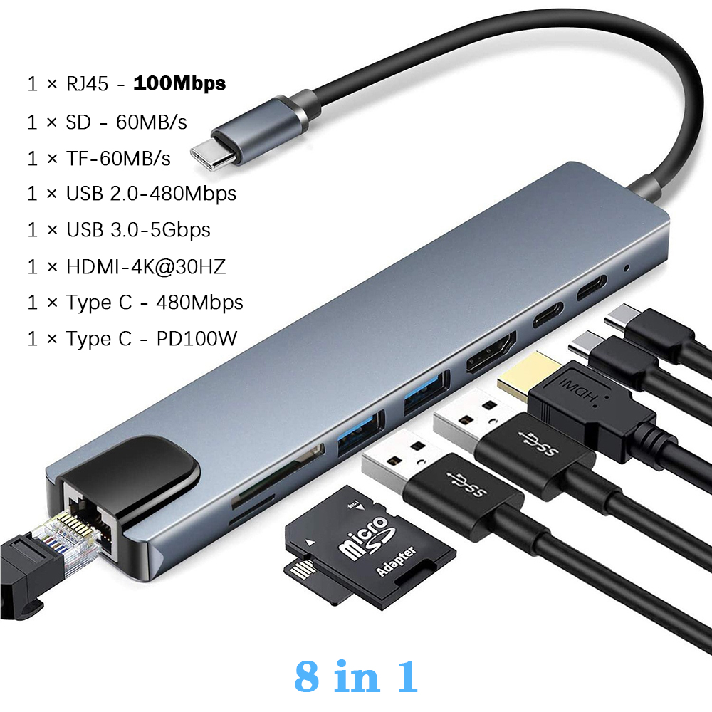 USB 3.0 Typ C HUB Stacja dokująca USB C do HDMI 4K 30HZ Wielofunkcyjny adapter typu C do RJ45 1000Mbps Ethernet Przedłużacz VGA: BRĄZOWA