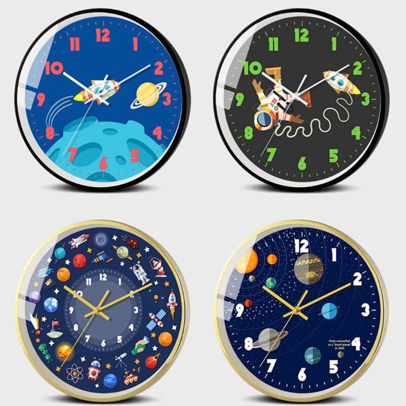 Mute Wall Clock Modern Style Space/Astronaut Pattern Clock Home Office Nursery Living Room Children's Room Decoration