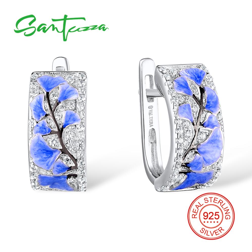 SANTUZZA Silver Earrings For Women Pure 925 Sterling Silver Blue Flower Sparkling Cubic Zirconia brincos Jewelry Handmade Enamel