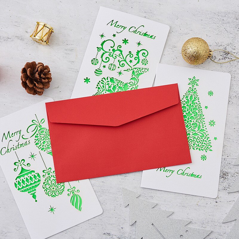 1 Kaart + 1 Envelop/Set Cartoon Hollow Out Wenskaarten Creatieve Papier Snijden Vrolijk Kerstfeest Kaarten Vouwen Xmas zegen Kaart