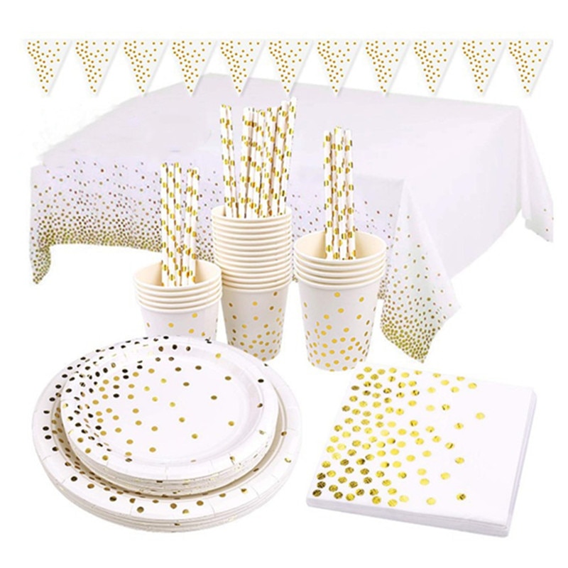 White Gold Dot Plates Cups Napkins Disposable Tableware for Happy Birthday Party Supplies Wedding Baby Shower Party Decoration