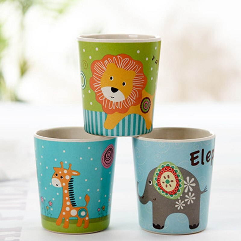 Bamboo Fiber Baby Cartoon Eating Tableware Kids Dinner Plate Toddler Feeding Dishes Children Training Bowl Spoon Fork 5Pcs/Set E