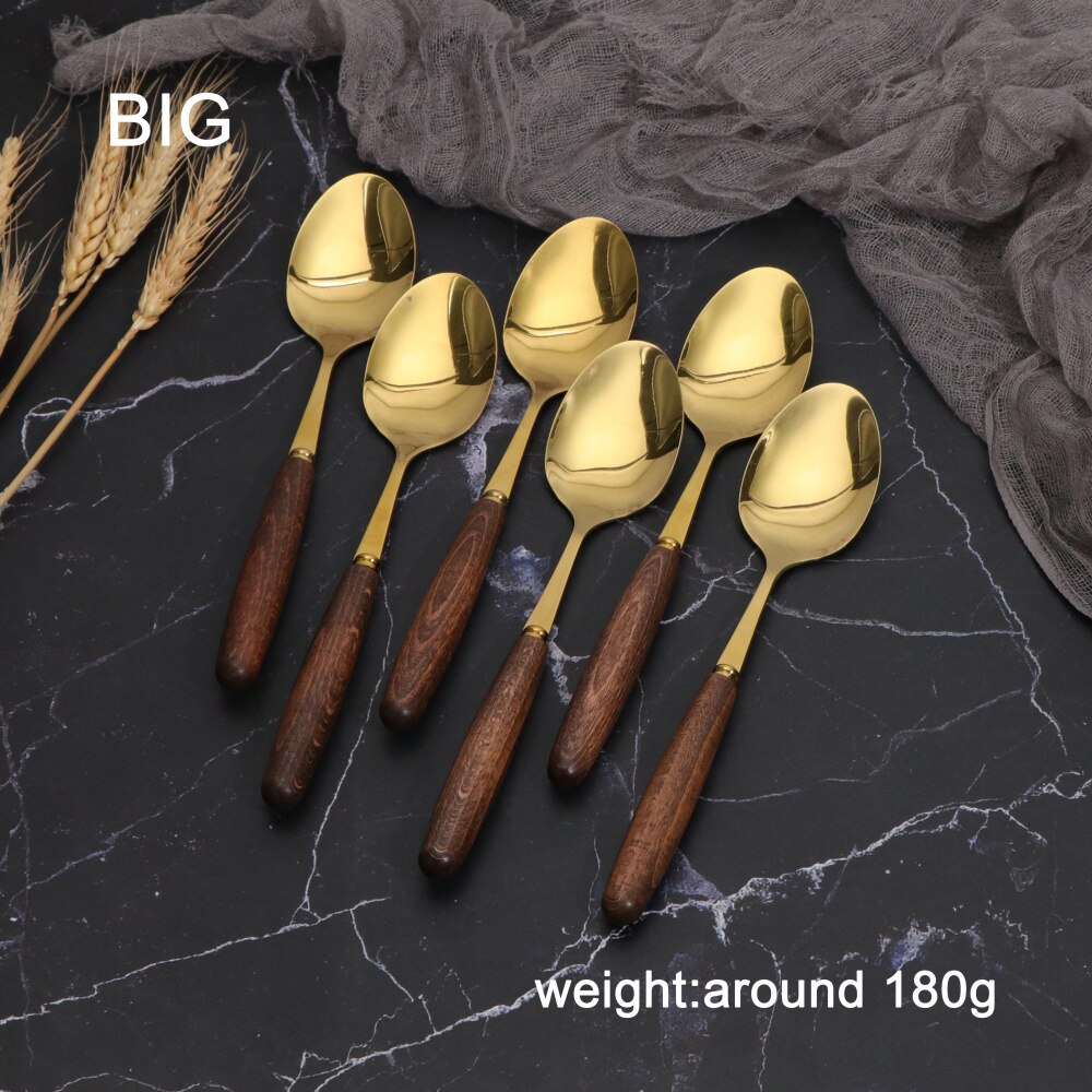 Jaswehome Flatware Cutlery Set Durable Stainless Steel Tableware Wooden Handle Gold Dinnerware Spoons And Forks Set 4-24-pieces: 6pcs large spoon