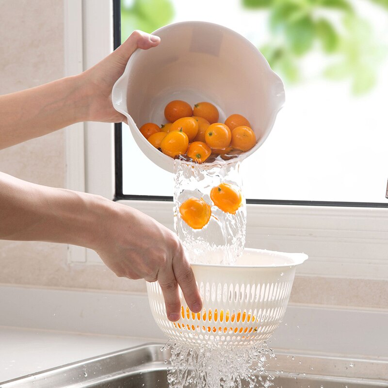 Drainage storage basket Kitchen storage basin Wash vegetable fruit box Double layer Wash basin Drain Desktop fruit basket Plain