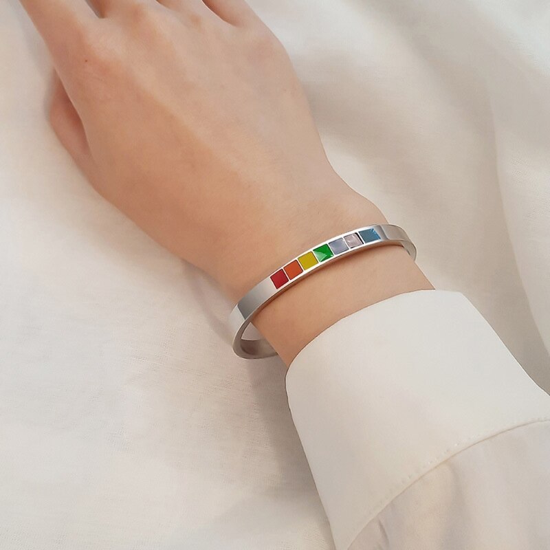 Rainbow Love Pride Bracelets Lesbian & Gay Stainless Steel Enamel Cuff Bangle