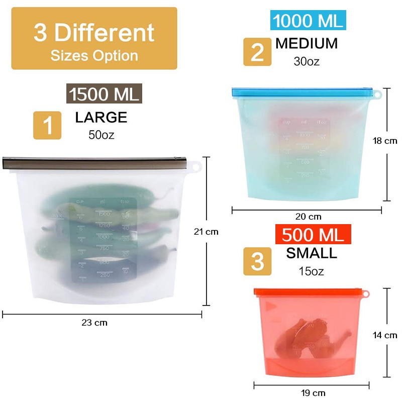 Reusable Food Storage Bags BPA Free 4-Pack Zip lock Silicone Food Bag Set Freezer & Microwave Safe Washable Zip Lunch Baggies