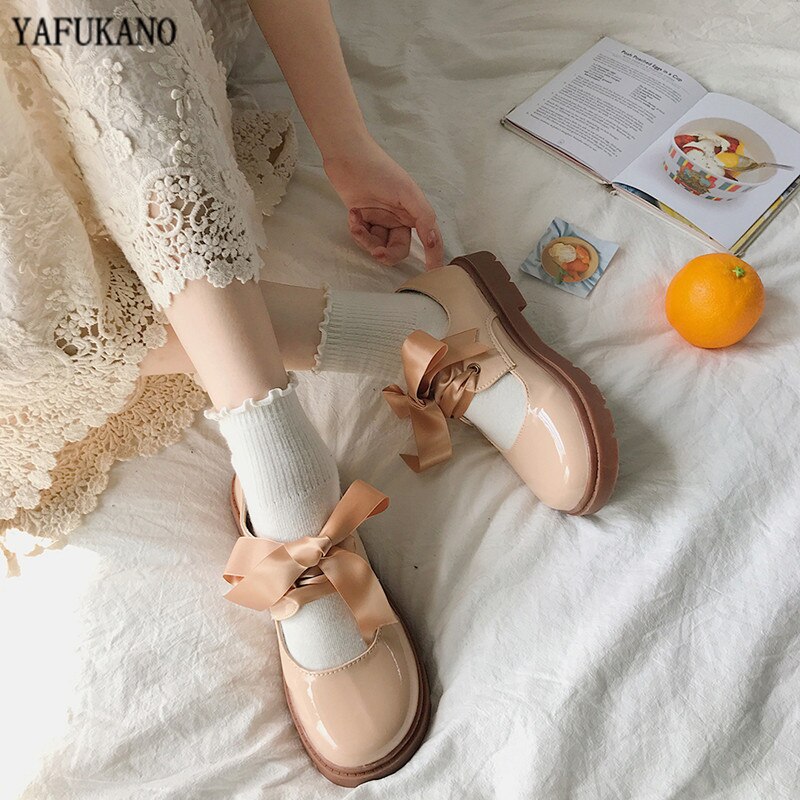 Autumn Ribbon Lace-up Japanese Small Leather Shoes Student Uniform Thick-Soled Mary Janes Flats British Style Big Head Doll Shoe