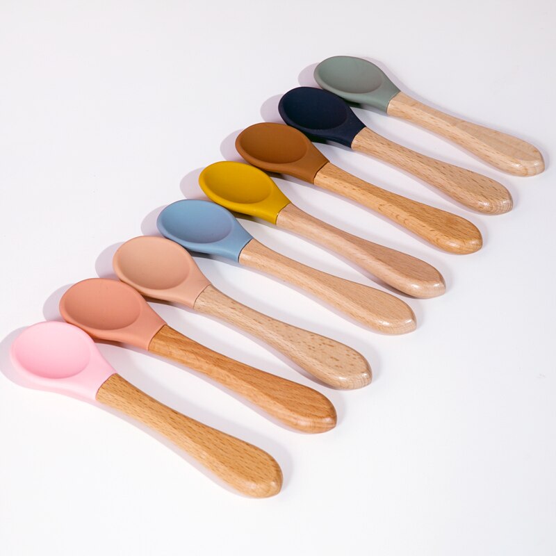 Cuchara de manija de madera silicona para alimentación de niños, utensilios para comer comida sólida, entrenamiento, capacidad de manipulación, vajilla