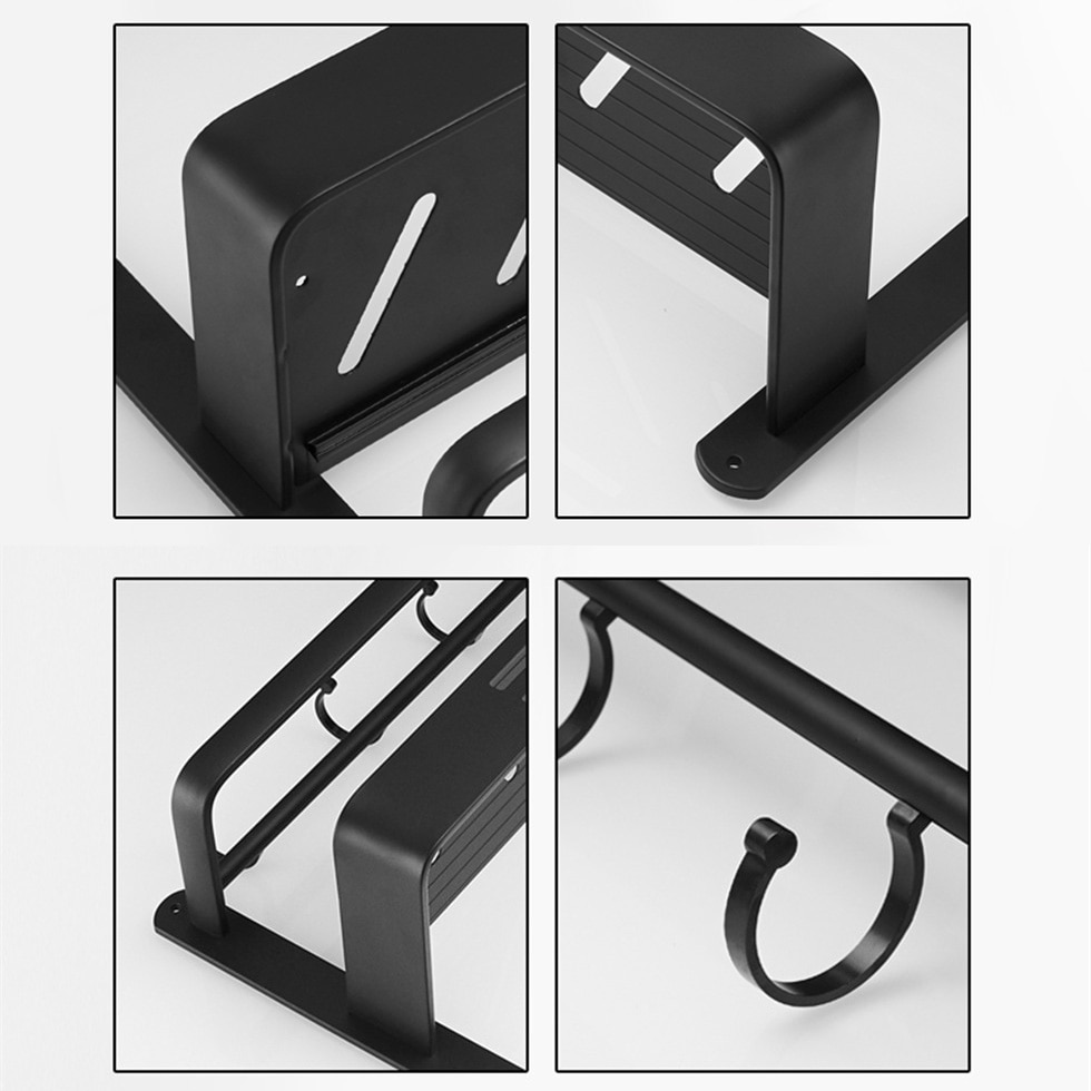 Sort badeværelseshylde brusekabine vægmonteret køkken badestativ med barkrog plads aluminiumshylder organizer opbevaring etagere