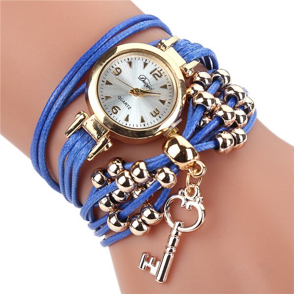 Damearmbåndsur damearmbåndsure lædercirkelbånd guldskive kvarts armbåndsure reloj mujer: Blå