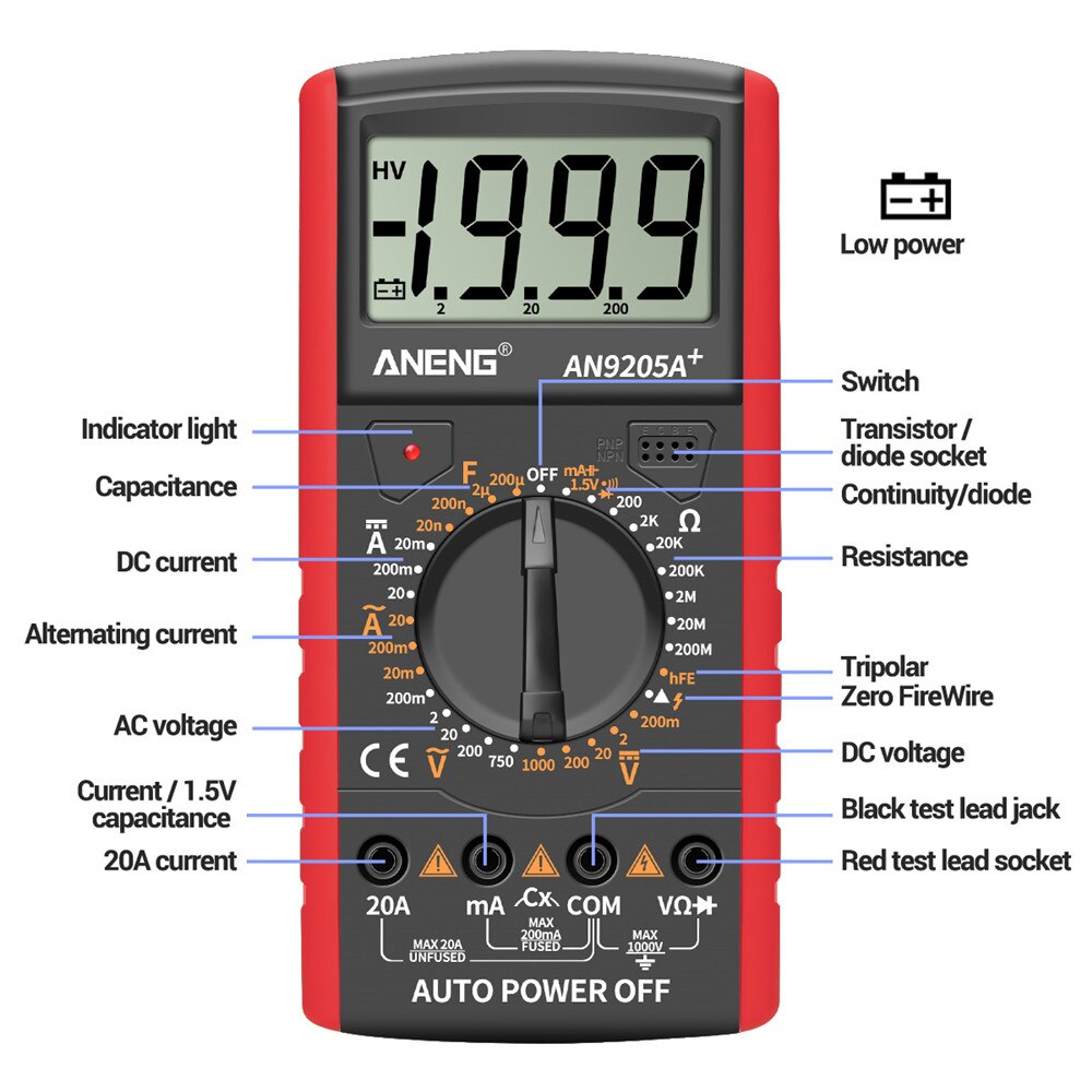 ANENG DT9205A+ Digital Multimeter 1999 Count Manual Range Universal Meter AC DC Resistance Capacitance Transistor Tester