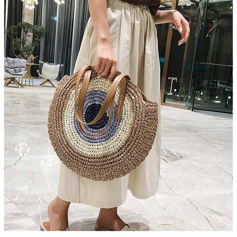 Round Ladies Straw Woven Bag Simple Shoulder Bag Beach Bag Large Capacity Handbag Women Bags Casual Tote Zipper