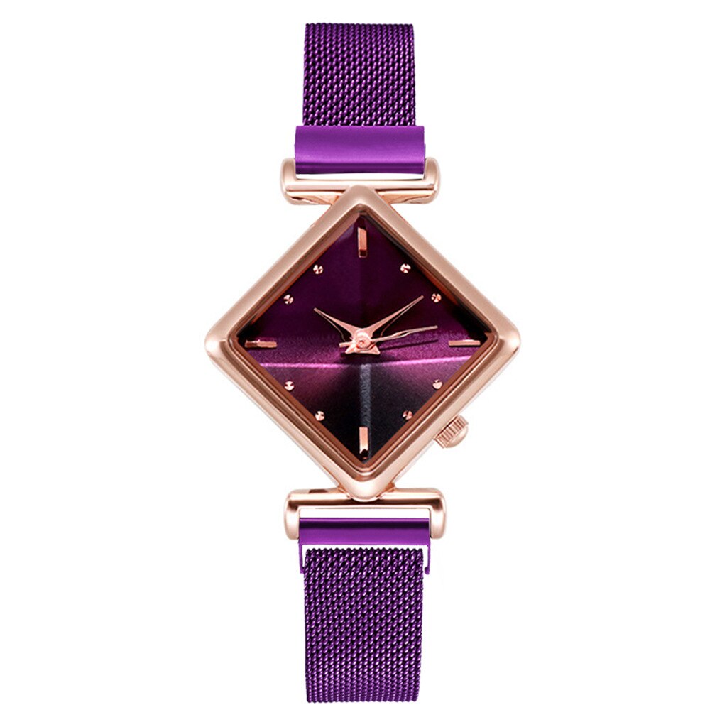 Conjunto de relojes de pulsera magnéticos para mujer, pulsera cuadrada de lujo de cuarzo, reloj de vestir femenino,: purple