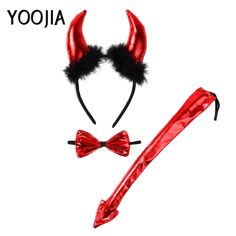 Halloween Fancy Cosplay Costumes Red Devil Horn Headband Bowtie with Bendable Tail Set Kids Adults Naughty Role Play Party Decor