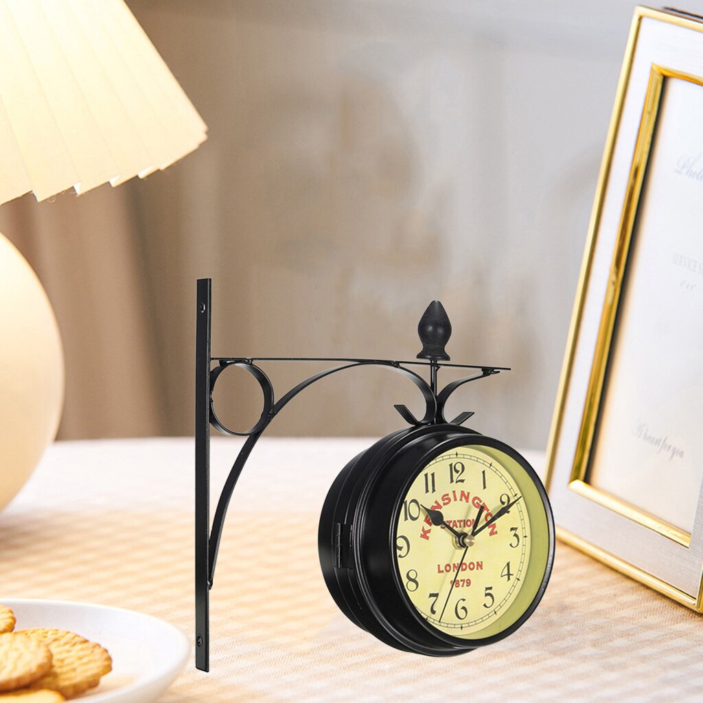 Double-Side Faces Round Wall Clock Battery Powered Quiet Train Home Decor