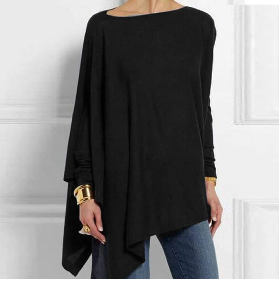 Tops y Blusas de algodón irregulares para mujer, Blusa informal de manga larga con cuello redondo, Túnica femenina, Blusas femeninas de primavera 2023: S / Negro