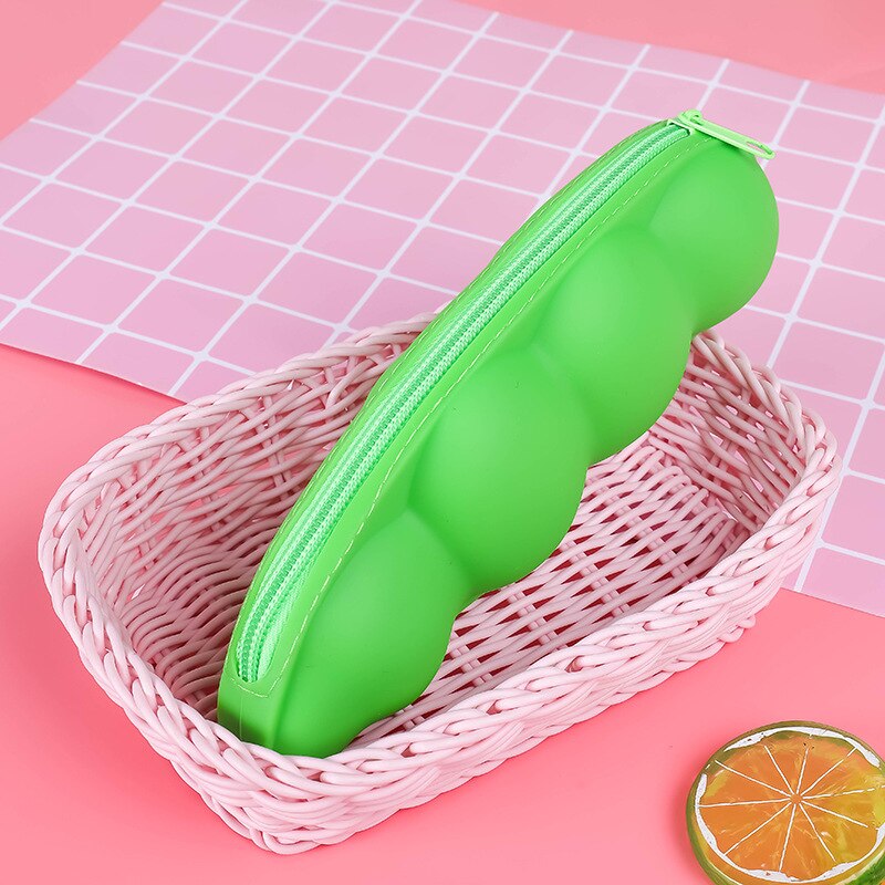 Eggplant Bean Pod Shaped Pen Case Silicone Pencil Bag Students Pencil Bag Primary Secondary School Stationery Kawaii Pencil Case: Light Green Pea