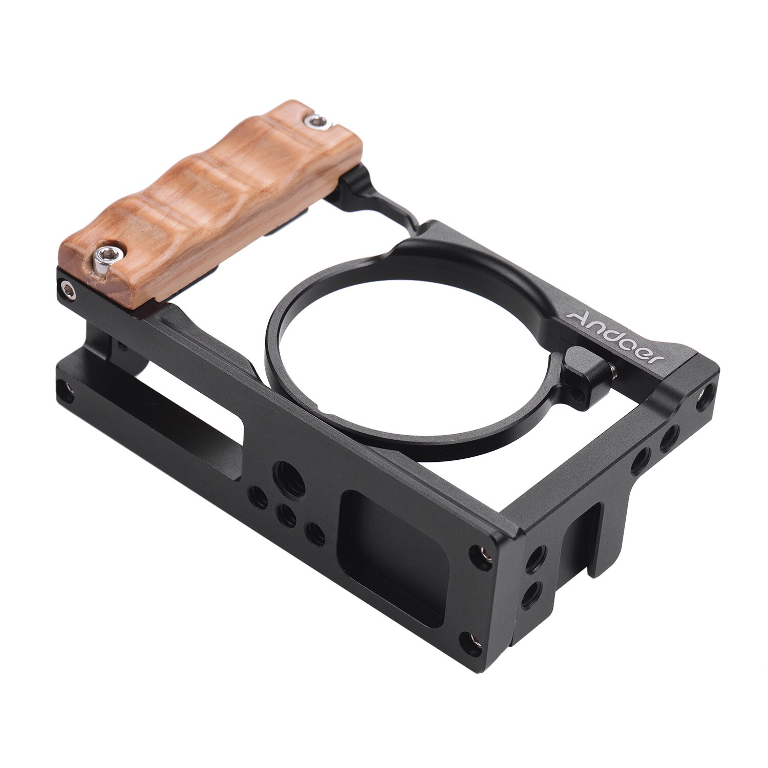 Andoer Metal Aluminum Camera Cage for Sony RX100 VI/VII with Cold Shoe Mount 1/4 Screw Wooden Hand Grip Vlogging Shooting
