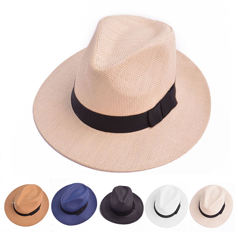 Women Men Straw Hat Summer Casual Beach Sun Panama Jazz Hat Unisex Fedora Cap With Black Ribbon