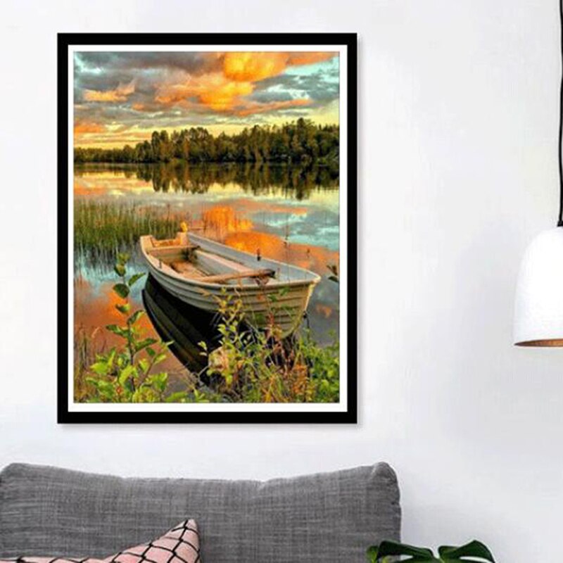 Korssting soveværelse print broderi korssting tråd diy fuldbor sø sø båd skov landskab solnedgang soveværelse malerier