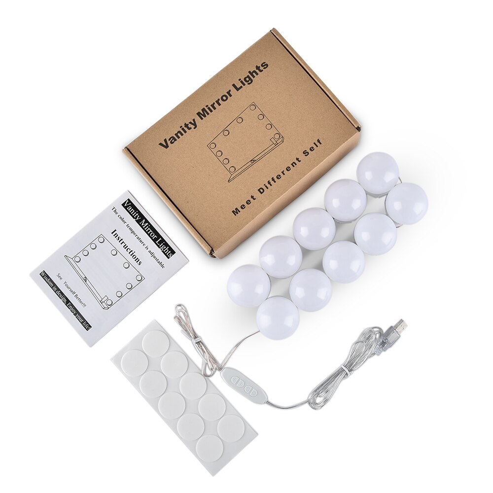 Usb 5v led makeup makeup spejl pære 10 stk hollyhood lys sæt 3 farver dæmpbart toiletbord spejl lys væglampe