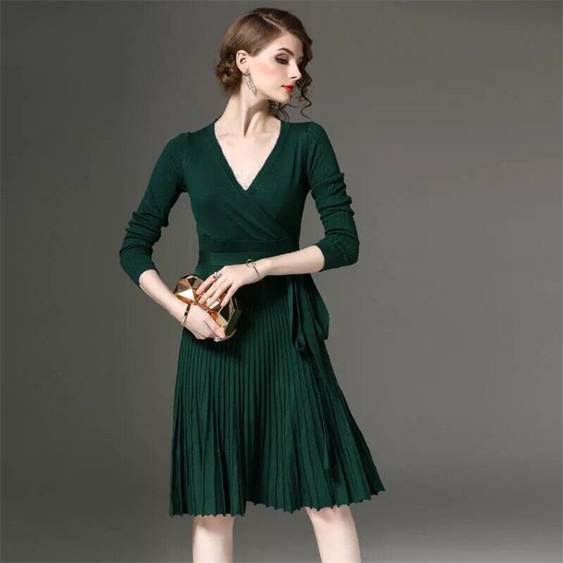 Women v neck pleated wrap a-line knitted dress bow tie sashes long sleeve female Autumn Spring mid calf vestidos B