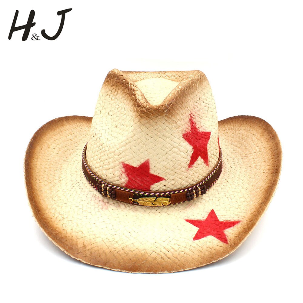 Frauen Männer Straw Western Cowboy Hut Mit Punk Blätter Band Stern Dame Dad Sombrero Hombre Cowgirl Jazz Kappen Größe 58CM