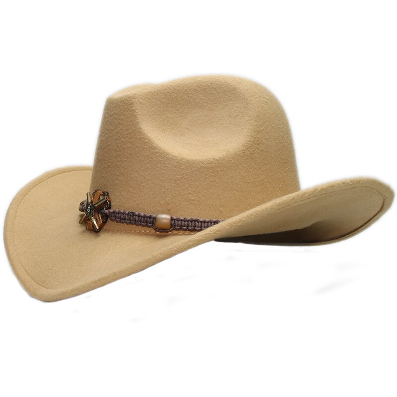Sombrero de vaquero de ala ancha para hombre y mujer, gorro de lana de estilo Vintage, estilo occidental, Formal, con lazo, banda de cuentas de punto de madera, 61cm, talla grande: Camel