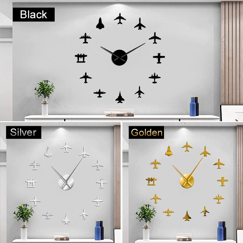 Aereo volante combattente Jet moderno orologio da parete gigante fai da te specchio superficie adesivo acrilico aereo orologio da parete aviatore pilota decorazioni per la casa