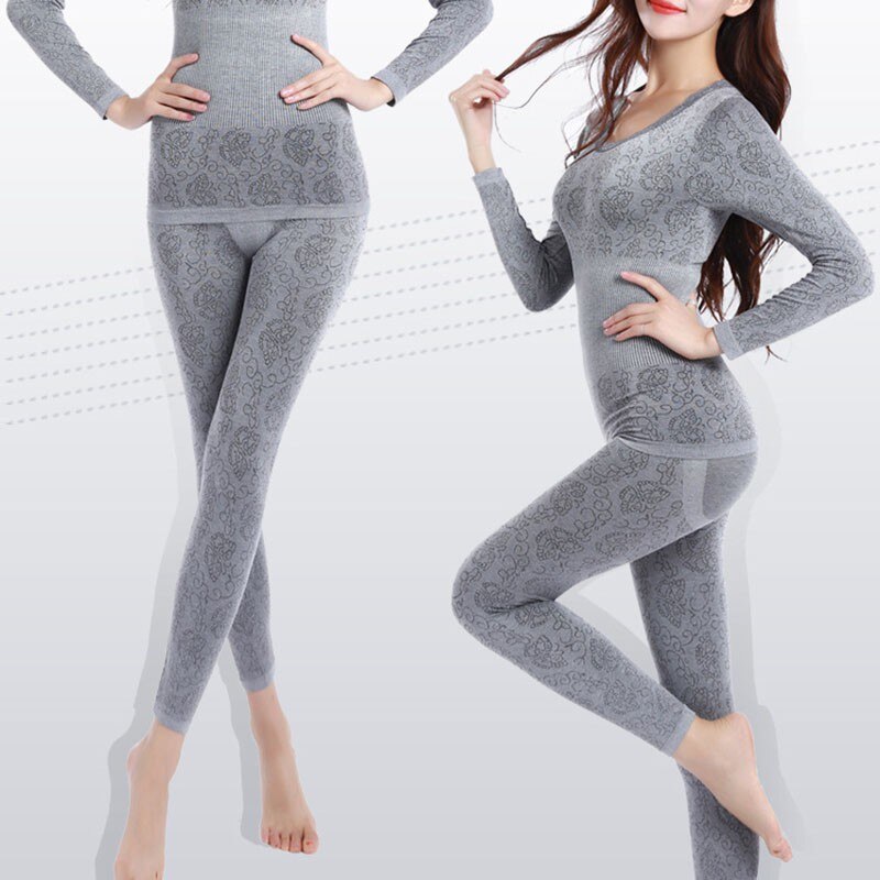 Modale damer vinter termisk undertøj jakkesæt tyk termisk undertøj kvindelig tøj lange tøj til kvinder passer størrelse m-xxl: Grå
