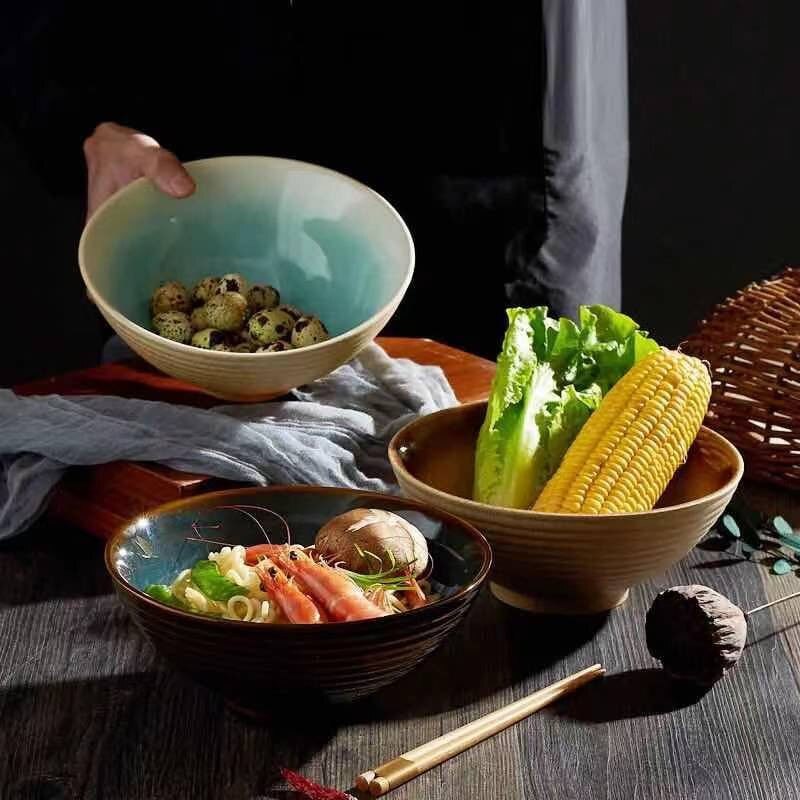 8 Inch Retro Ceramic Ramen Bowl Bamboo Hat Large Soup Bowls Household Fruit Beef Instant Noodle Bowl Japanese Commerce Tableware