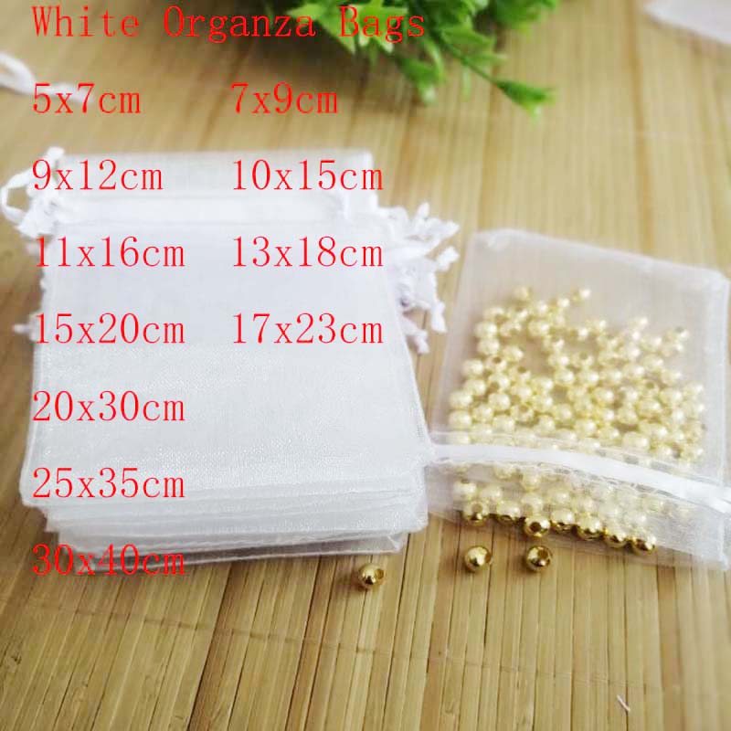 100 pcs/Lot 5x7 7x9 9x12 10x15 White Organza Bags Jewelry Bags Drawstrings Bags Package Bags Yarn Pouch