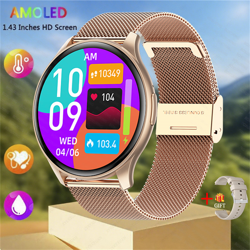 2025 novo para xiaomi huawei 1.43 polegadas bluetooth chamada smartwatch feminino masculino amoled 466*466 hd pixel display smartwatches senhoras: ROXO