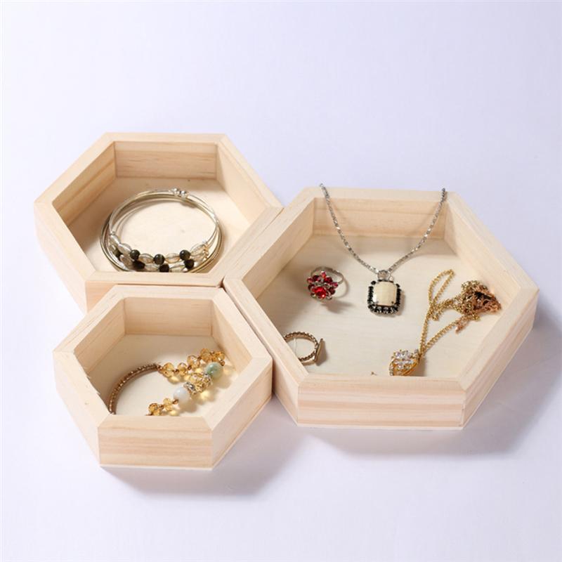 3 stk /1pc træ smykker opbevaringsbokse armbånd halskæde display bakke plade sekskant trækasser arrangør fade bakke