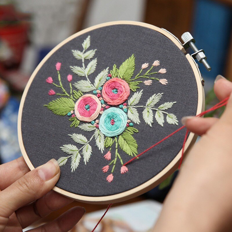 European Simple Plant Flower Embroidery DIY Material Package Handmade Beginner Kit(Including Bamboo Embroidery)