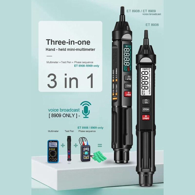 Q1JB Digital Multimeter DCV ACV Resistance Diode Continuity Capacitance Meter Phase Sequence Detector ET8906/ET8908 /ET8909