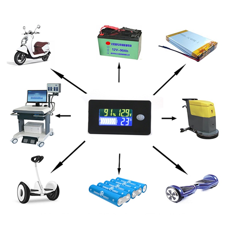 1pcs LCD Acid Lead Lithium Battery Capacity Indicator Voltmeter Voltage Tester With Cable Battery Monitor Meter 12-72V