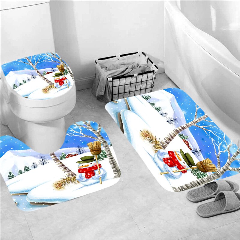 Merry Christmas Shower Curtain Set with Rugs Waterproof Curtain Bathing Screen Anti-slip Toilet Lid Cover Rugs Bathroom Decor: 3 PCS Mats - F