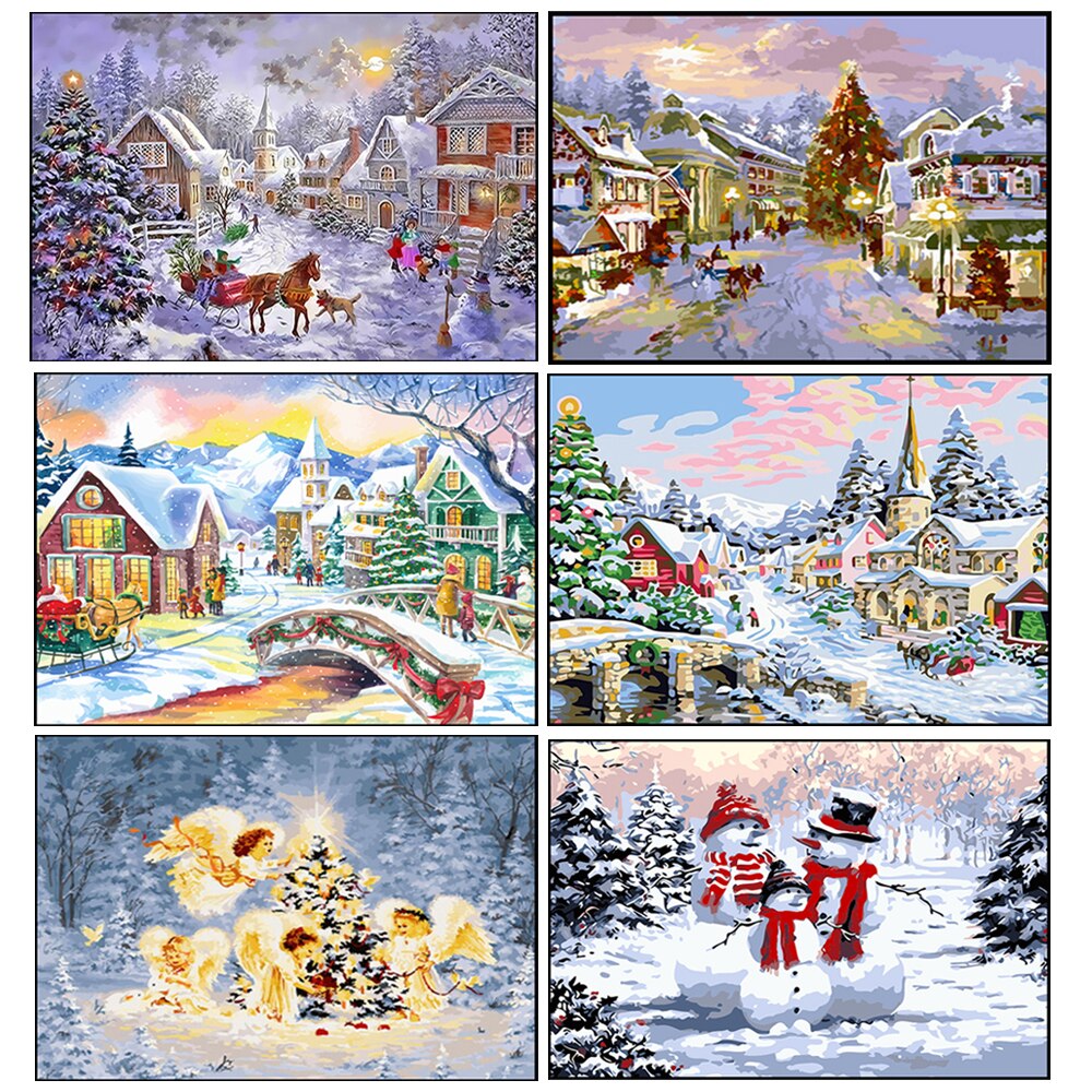 DIY Olieverfschilderij van Nummers Landschap Winter Sneeuw Huis DIY Foto 'S Nummers Moderne Wall Art Decor Witte Kerst Decoratie