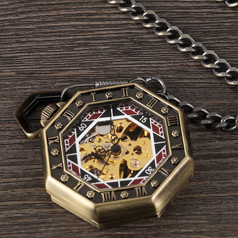 Vintage Brons Octagon Mannen Mechanische Zakhorloge Antieke Mannen Steampunk Romeinse Cijfers Hand Horloge Skeleton Vrouwen Met Ketting Box