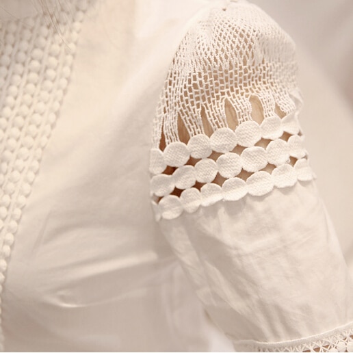 Sommer damer bluser slank bund langærmet hvid skjorte blonder krog blomst hule afslappede skjorter bluse plus størrelse 5xl