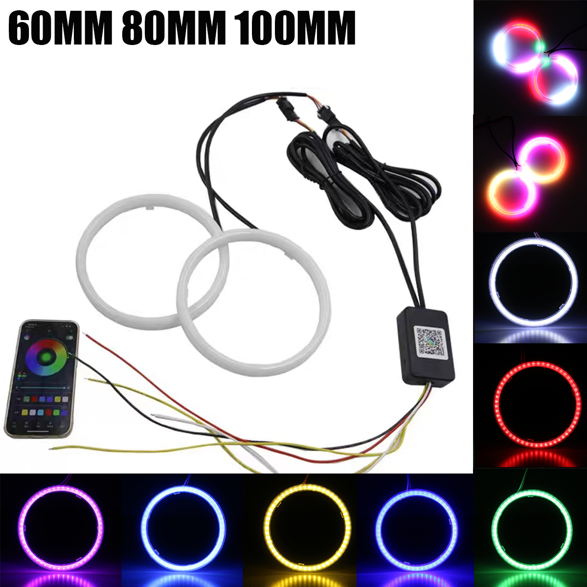 2 Stuks Angel Ogen Bluetooth App Rgb Witte Halo Ringen Cob Led Auto Motorfiets Mist Rijden Koplamp 60-80-100Mm Auto Mistlamp 9-30V