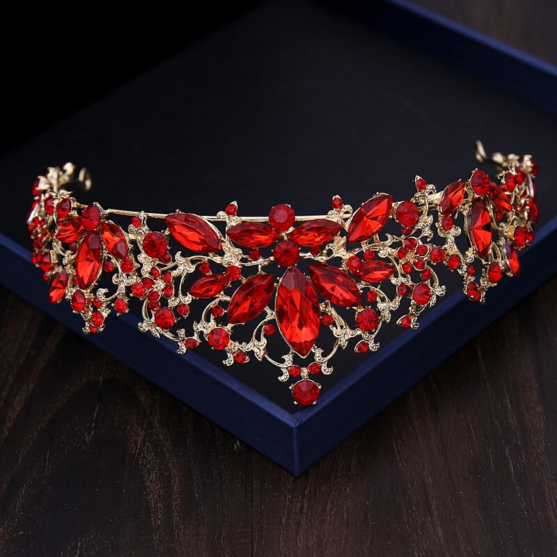 Barokke Rode Kristal Gouden Kleur Bruids Sieraden Sets Strass Kroon Ketting Oorbellen Voor Vrouwen Vintage Bruiloft Haaraccessoires