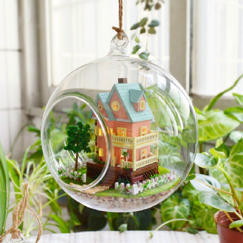 Diy poppenhuis miniatuur poppenhuis met meubels glazen bol huis voor poppen model casa verjaardag speelgoed voor kinderen  b006 # e: B003