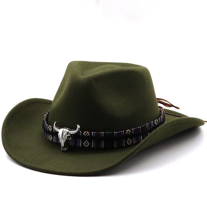 Western Cowboy Hoed Met Koe Hoofd Band Brede Rand Hoed Pop Jazz Hoed Winter Mannen Vrouwen Jazz Wollen Muts koe Meisje Hoed: green